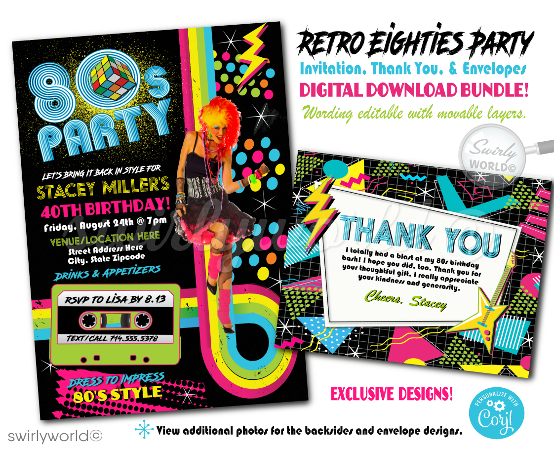 Invite friends and family to your 1980s themed event with this retro, "totally rad" design. Complete with digital invitations, thank you cards, and envelope design, these Gen X Eighties Dance Party Invitations are perfect for a 50th birthday celebration. Get ready to flashback to the '80s!