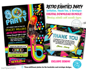 Invite friends and family to your 1980s themed event with this retro, "totally rad" design. Complete with digital invitations, thank you cards, and envelope design, these Gen X Eighties Dance Party Invitations are perfect for a 50th birthday celebration. Get ready to flashback to the '80s!