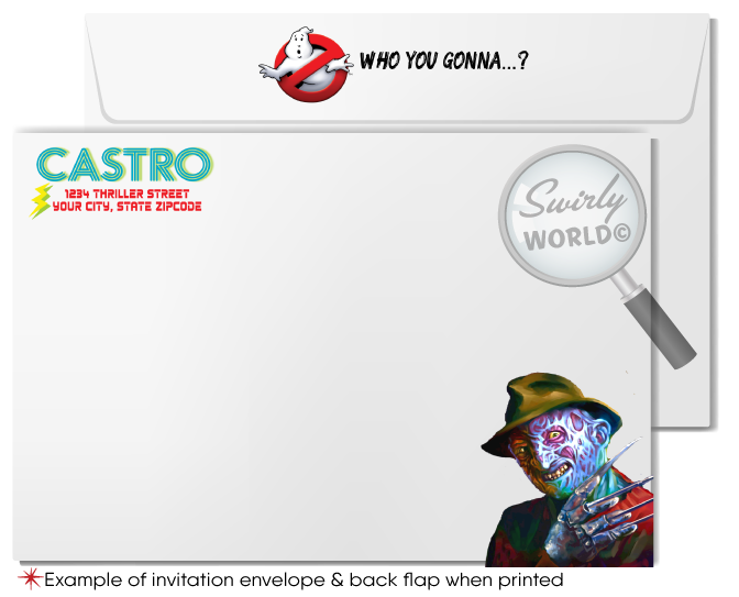 Throw a SPOOKTACULAR 80s-themed Halloween bash with our retro invitation! Featuring iconic horror legends like Beetlejuice and Freddy Krueger, this neon design brings the 1980s back to life. The easy-to-edit set includes an invite and matching envelope with unlimited downloads. Perfect for a wickedly fun party!