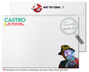 Throw a SPOOKTACULAR 80s-themed Halloween bash with our retro invitation! Featuring iconic horror legends like Beetlejuice and Freddy Krueger, this neon design brings the 1980s back to life. The easy-to-edit set includes an invite and matching envelope with unlimited downloads. Perfect for a wickedly fun party!