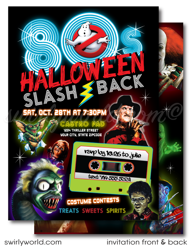 80s Beetlejuice, Gremlins, Freddy Krueger, Ghostbusters, Retro Halloween Party Invitation Digital