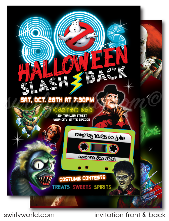 Throw a SPOOKTACULAR 80s-themed Halloween bash with our retro invitation! Featuring iconic horror legends like Beetlejuice and Freddy Krueger, this neon design brings the 1980s back to life. The easy-to-edit set includes an invite and matching envelope with unlimited downloads. Perfect for a wickedly fun party!
