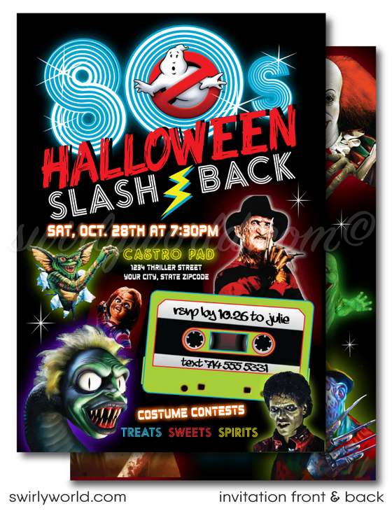 80s Beetlejuice, Gremlins, Freddy Krueger, Ghostbusters, Retro Halloween Party Invitation Digital