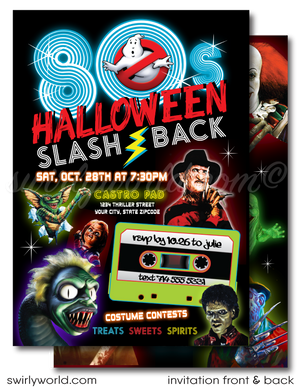 Throw a SPOOKTACULAR 80s-themed Halloween bash with our retro invitation! Featuring iconic horror legends like Beetlejuice and Freddy Krueger, this neon design brings the 1980s back to life. The easy-to-edit set includes an invite and matching envelope with unlimited downloads. Perfect for a wickedly fun party!