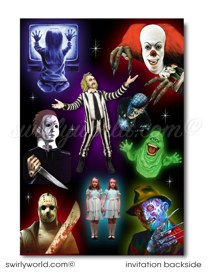 Throw a SPOOKTACULAR 80s-themed Halloween bash with our retro invitation! Featuring iconic horror legends like Beetlejuice and Freddy Krueger, this neon design brings the 1980s back to life. The easy-to-edit set includes an invite and matching envelope with unlimited downloads. Perfect for a wickedly fun party!