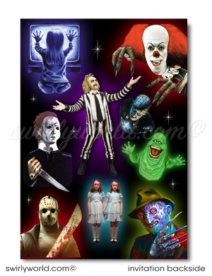 Throw a SPOOKTACULAR 80s-themed Halloween bash with our retro invitation! Featuring iconic horror legends like Beetlejuice and Freddy Krueger, this neon design brings the 1980s back to life. The easy-to-edit set includes an invite and matching envelope with unlimited downloads. Perfect for a wickedly fun party!