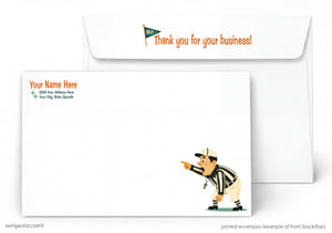 Greeting card with a cartoon referee pointing to an envelope that says 'Thank you for your business!'.