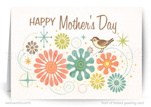 Mother's Day card with colorful flowers and a bird on a white background