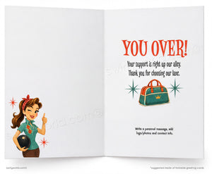 Open card with illustration of a woman and text 'YOU OVER!' on a white background
