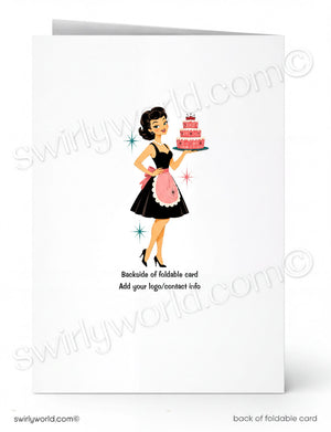 A woman in a black dress holding a pink and red cake, with stars around her, in a white background.