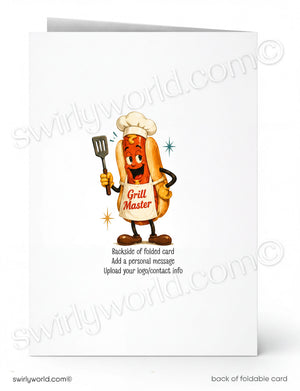 a cartoon hot dog character wearing a chef's hat and apron, holding a spatula and wearing a "Grill Master" sign.