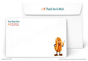 a white envelope with a cartoon hot dog character on the front. The envelope has a "Thank You So Much" message printed on it, and the envelope is described as a "printed envelope (front) (backflip)" and "printed envelopes (examples of front) (backflip)" in the provided text.