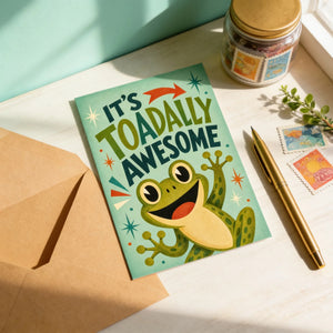 a greeting card with a frog illustration, a pen, a jar of stamps, and some envelopes on a desk.