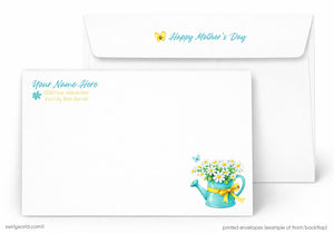 Mother's Day card with a watering can and flowers design, featuring a matching envelope.