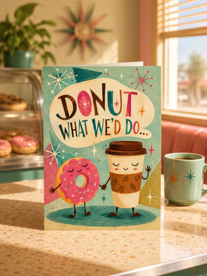 A colorful greeting card with a donut and a coffee cup on it, along with the text "DONUT WHAT WE'D DO..." and a starburst design.
