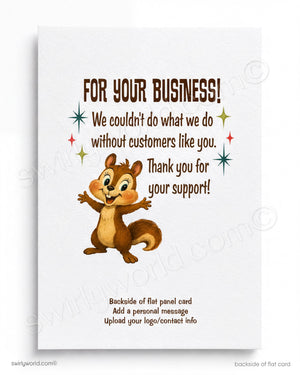 Cartoon chipmunk on a white card with text thanking customers for their support.