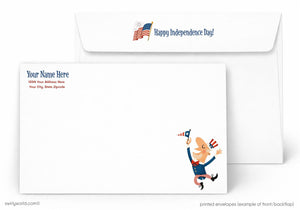Personalized Independence Day envelope with a cartoon character holding an American flag.