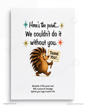Cartoon hedgehog holding a sign with 'Thank You!' text on a white background
