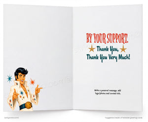 An open greeting card shown front and back on a white background. The left panel features a cartoon illustration of Elvis Presley in a white star-patterned jacket giving a thumbs-up, with small colorful star graphics around him.