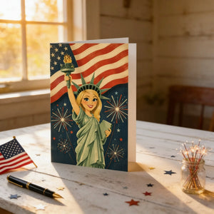 a card with an illustration of the Statue of Liberty, surrounded by fireworks and a pen on a wooden table.