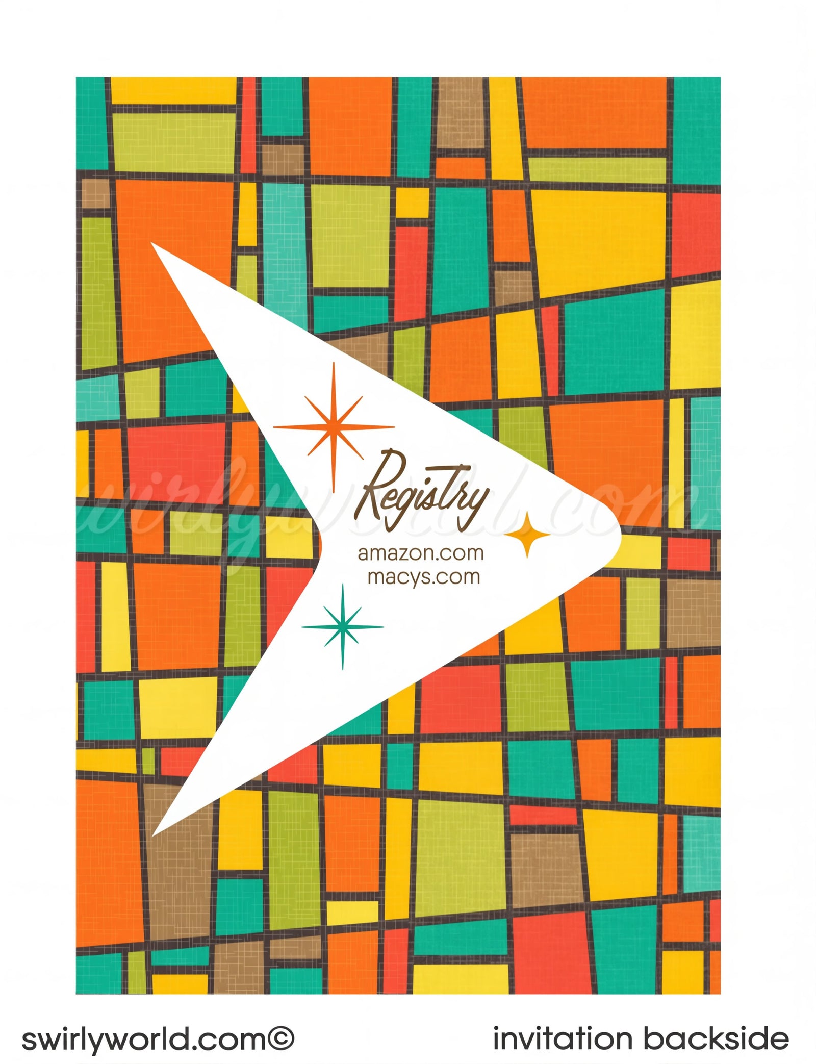 This elegant & swanky 1960s mid-century modern wedding invitation and RSVP card digital download features a chic MCM retro mod Palm Springs aesthetic with atomic-inspired colors and starbursts.