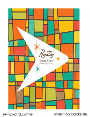 This elegant & swanky 1960s mid-century modern wedding invitation and RSVP card digital download features a chic MCM retro mod Palm Springs aesthetic with atomic-inspired colors and starbursts.