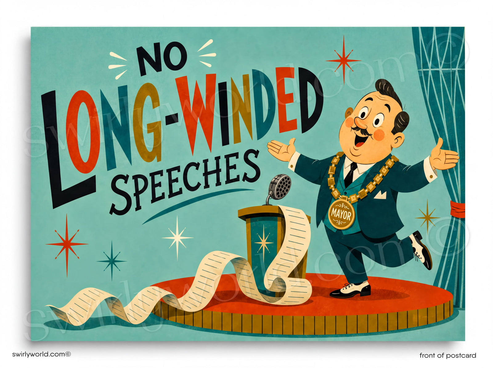 Cartoon character in a suit with a podium and text 'No Long-Winded Speeches' on a blue background