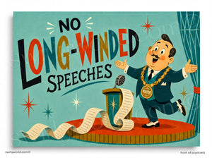 Cartoon character in a suit with a podium and text 'No Long-Winded Speeches' on a blue background