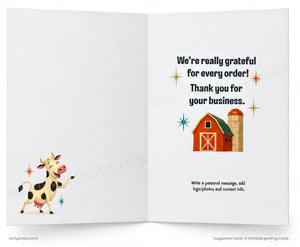 An open greeting card shown front and back on a white background. The left panel has a cartoon cow illustration, and the right panel has printed text reading, 'We're really grateful for every order! Thank you for your business.