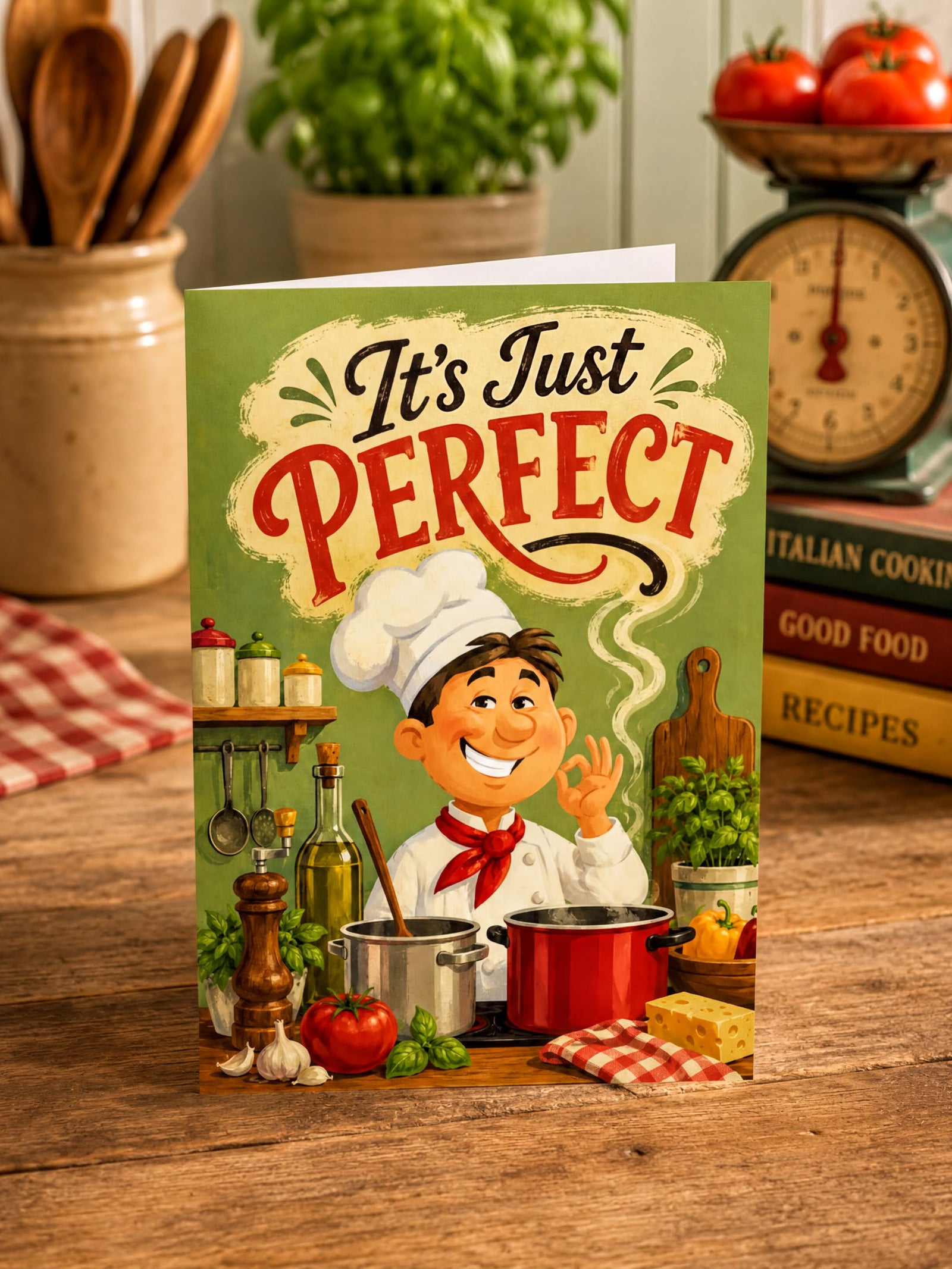 Card with a chef character and text 'It's Just Perfect' in a kitchen setting.