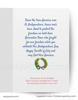 a patriotic message celebrating the Fourth of July, with a wreath and a personal message for the reader to write.