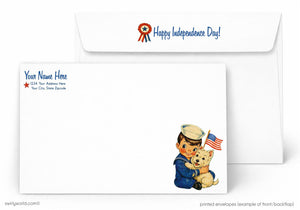 A white envelope with a printed illustration of a young boy in a sailor's uniform holding a dog and an American flag, along with a message that says "Happy Independence Day!"