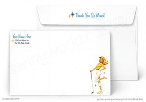 Golf-themed stationery set with a woman golfer illustration on an envelope and card.
