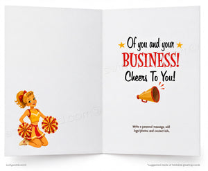 Open card with cheerleader illustration and celebratory text on a white background