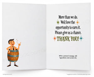 An open greeting card with a white interior. The left panel shows a cartoon man holding a wooden barrel and raising his hand.