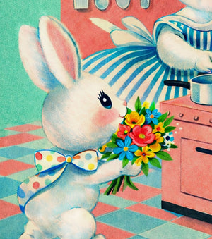Vintage-style illustration of a bunny holding flowers in a kitchen setting