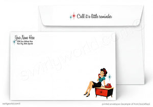 A white stationery set showing the front and back of a printed envelope. The front has placeholder text and a small retro illustration of a woman sitting on a red cabinet with a phone.