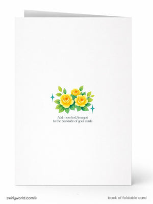 The image is a white card with a floral design featuring yellow roses and green leaves. The text on the card provides instructions for adding more text/images to the backside of the card.