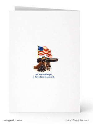 a white card with an American flag and a cannon on it. The card has a message that says "Add more text/images to the backside of your cards" and "swirlworld.com".
