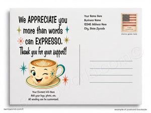 Postcard with a coffee cup illustration and text on a white background