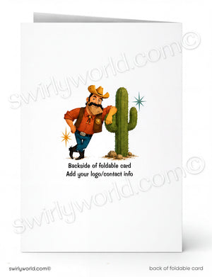 Foldable greeting card shown front and back on a white background. The front features a cowboy leaning on a green cactus with small decorative stars and text below.