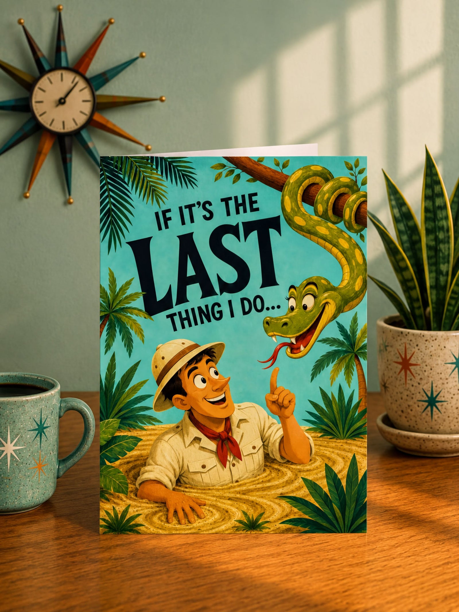 A folded greeting card shown upright on a white background, featuring a colorful cartoon illustration of a man in a safari hat and neckerchief surrounded by palm trees and a green snake, with the text 'IF IT'S THE LAST THING I DO.