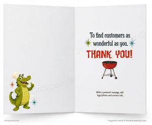 The image is a greeting card with a cartoon alligator and a red barbecue grill. The card has a message that says "Thank you!" and instructions for writing a personal message, including adding photos and contact information.