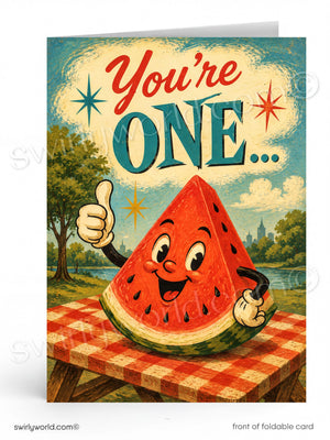 Vintage-style card with a watermelon character and 'You're ONE' text on a checkered tablecloth.