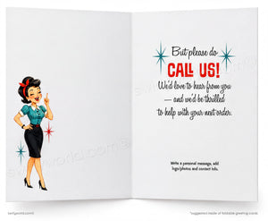An open greeting card with a retro pin-up illustration on the left panel and printed text on the right panel reading, 'But please do CALL US! We'd love to hear from you.