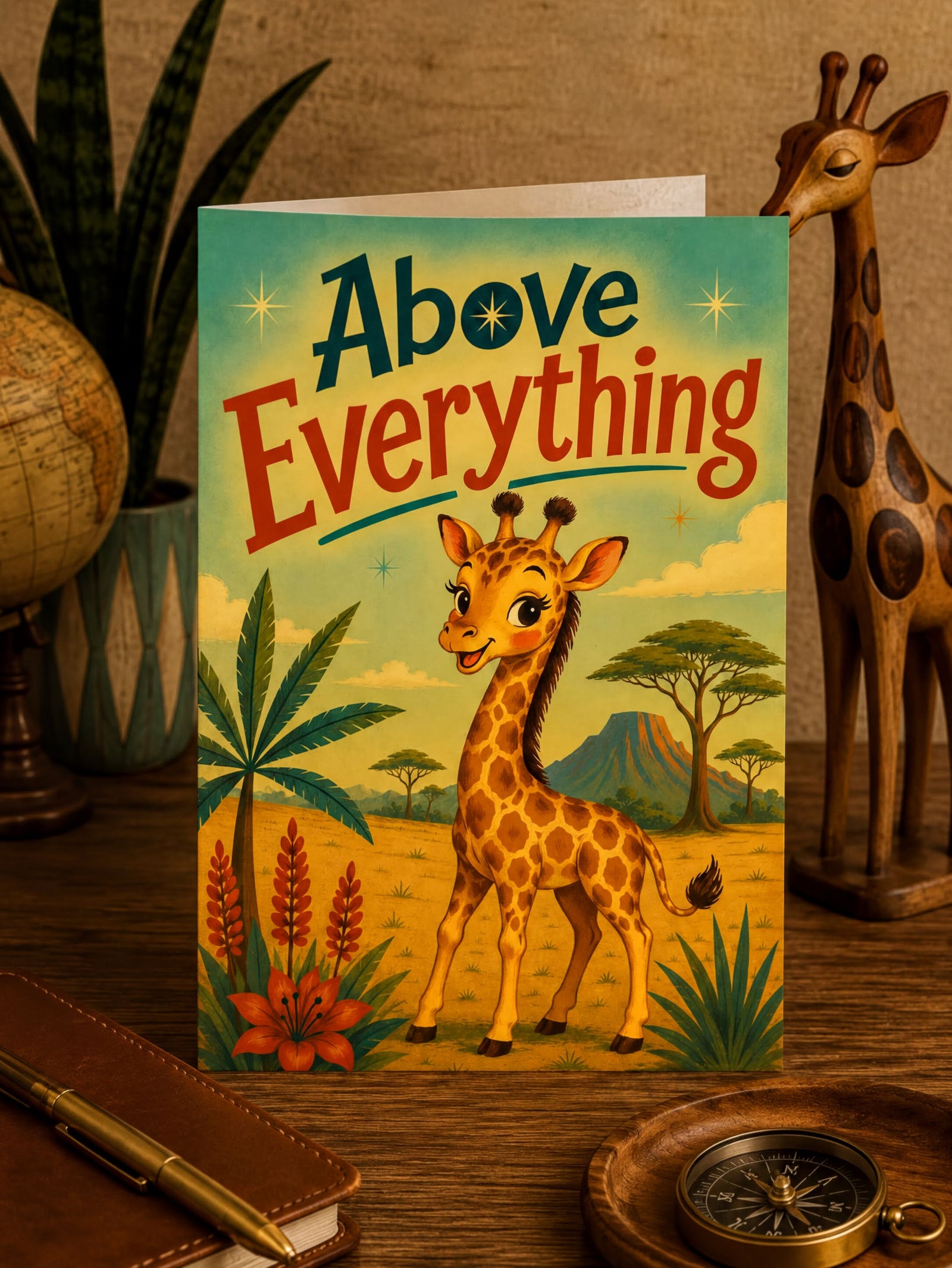 A folded greeting card shown front-on against a white background. The card features a retro-style illustrated giraffe in a savanna scene with the text 'Above Everything' in large decorative lettering.