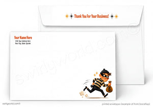 a cartoon character, likely a burgundy-clad figure, running with a bag of money. The background of the image is white, and the text on the envelope reads "Thank You For Your Business!".