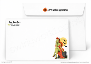 a Halloween-themed envelope with a woman dressed as a witch sitting on a rock.