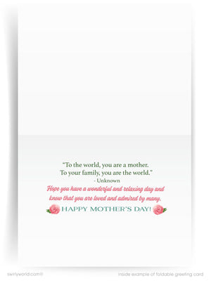 The image is a greeting card for Mother's Day, featuring a message about being a mother and a family member, along with a floral design and a message about being loved and admired by many.