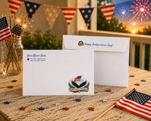 a patriotic scene with a white envelope and a white envelope holder on a table, decorated with American flags and fireworks in the background.